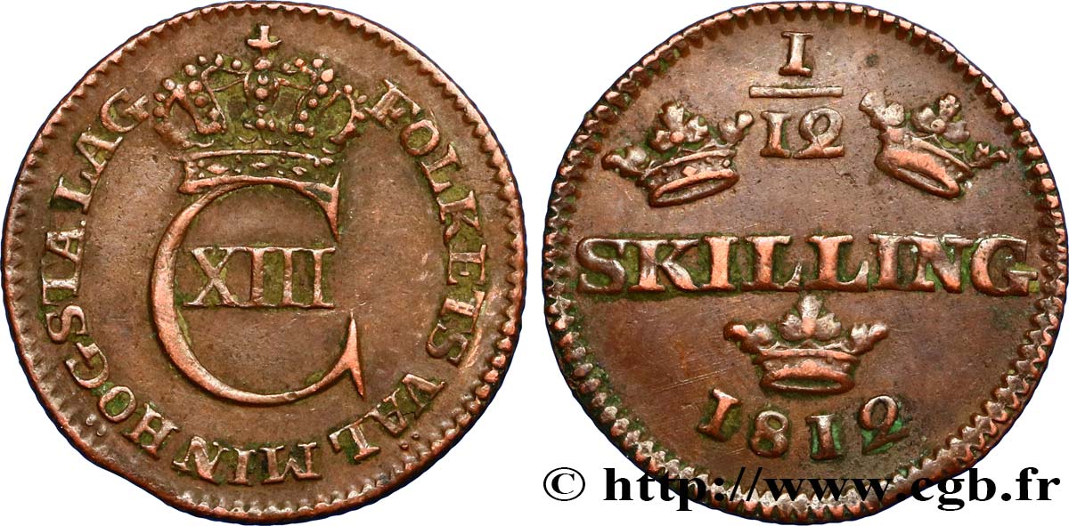 SWEDEN 1/12 Skilling Charles XIII 1812  XF 