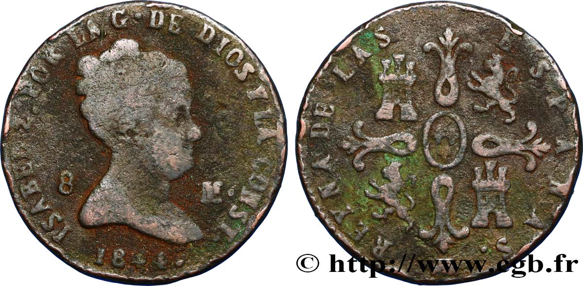 ESPAGNE 8 Maravedis Isabelle II 1844 Ségovie B 