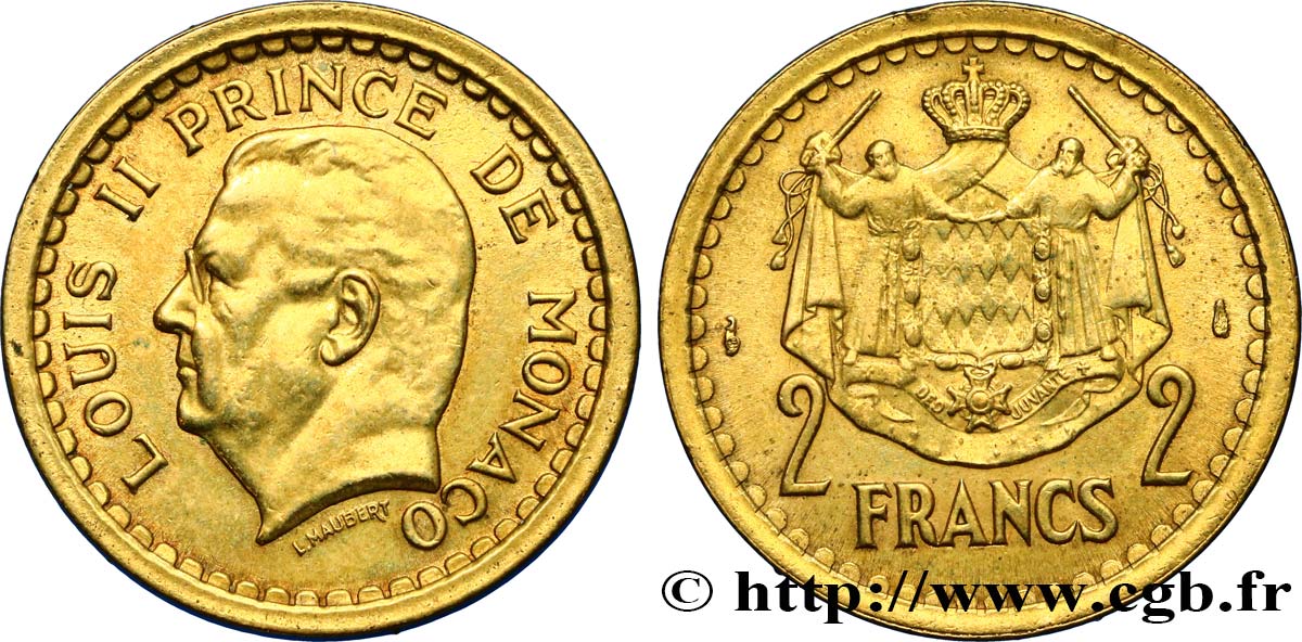 MONACO 2 Francs Louis II  (1943) Paris MBC 