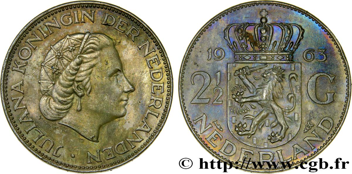 NETHERLANDS 2 1/2 Gulden Juliana 1963 Utrecht AU 