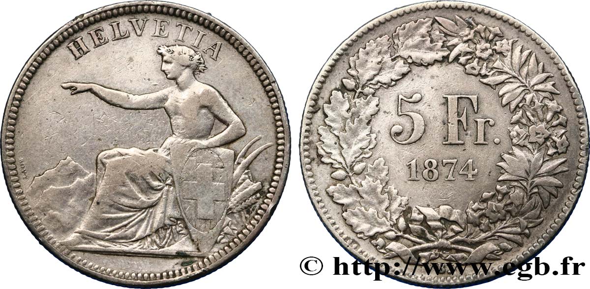 SWITZERLAND 5 Francs Helvetia assise 1874 Bruxelles VF 