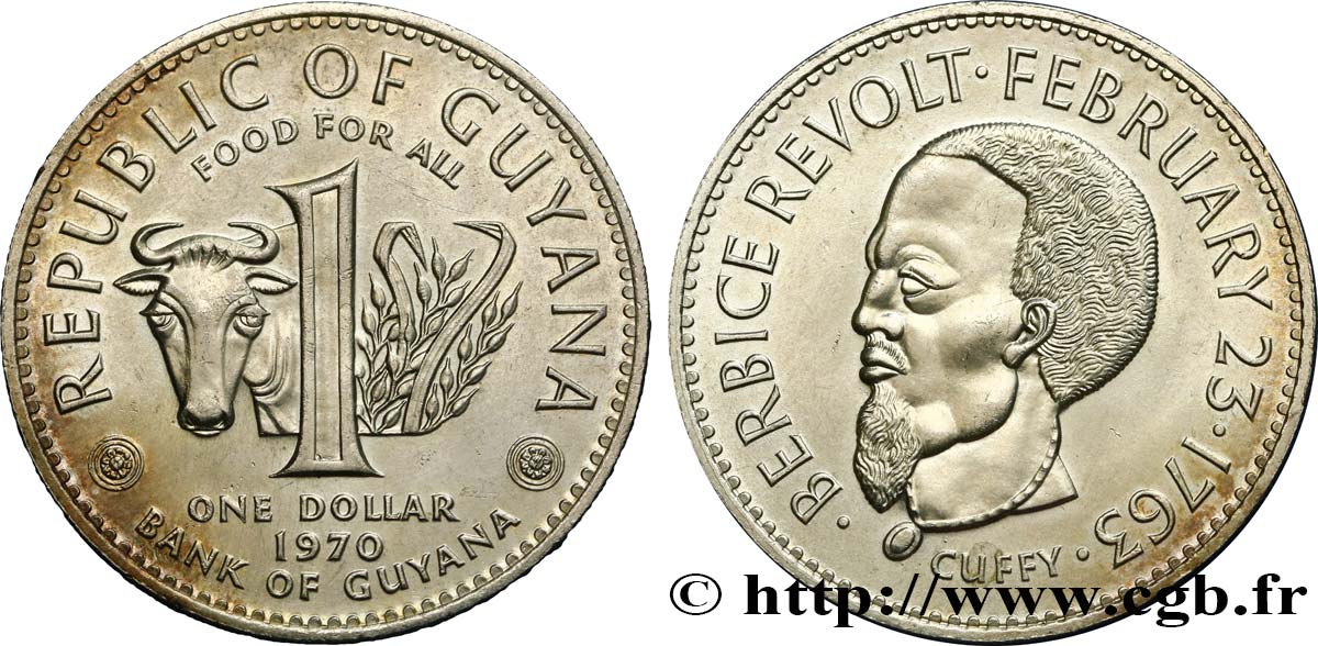 GUYANA 1 Dollar portrait de l’esclave Cuffy, chef de la révolte de Berbice en 1763 1970  SC 