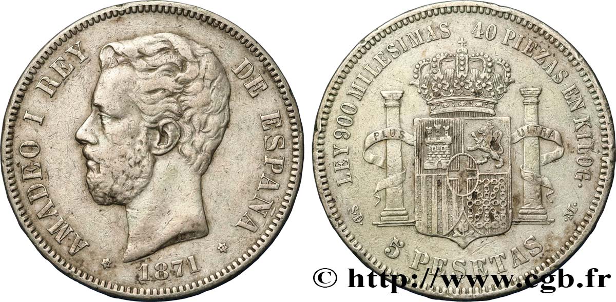 ESPAGNE 5 Pesetas Amédée Ier  1871 Madrid TB+ 