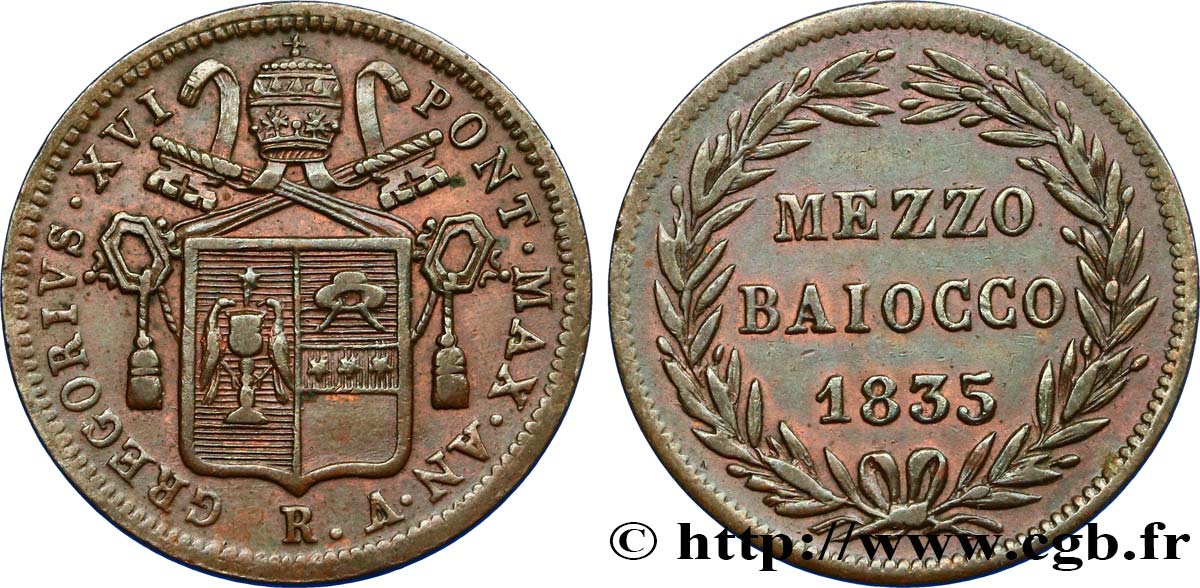 VATICAN AND PAPAL STATES Mezzo Baiocco Grégoire XVI an V 1835 Rome AU 