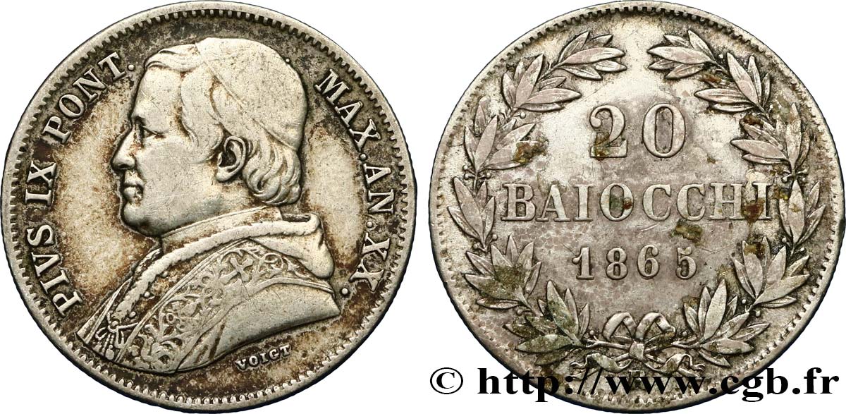 VATICAN ET ÉTATS PONTIFICAUX 20 Baiocchi Pie IX an XX 1865 Rome TTB 