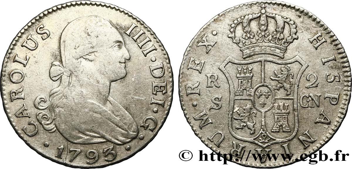 SPAIN 2 Reales Charles IV 1793 Séville VF/XF 