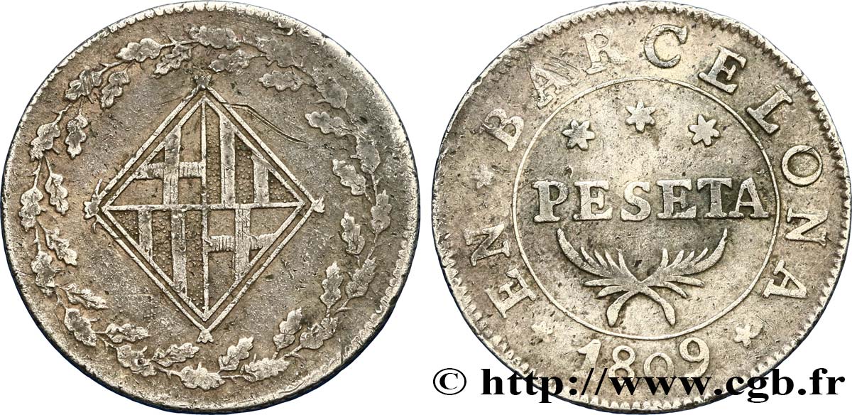 ESPAGNE - OCCUPATION FRANÇAISE DE BARCELONE 1 Peseta 1809  TB 