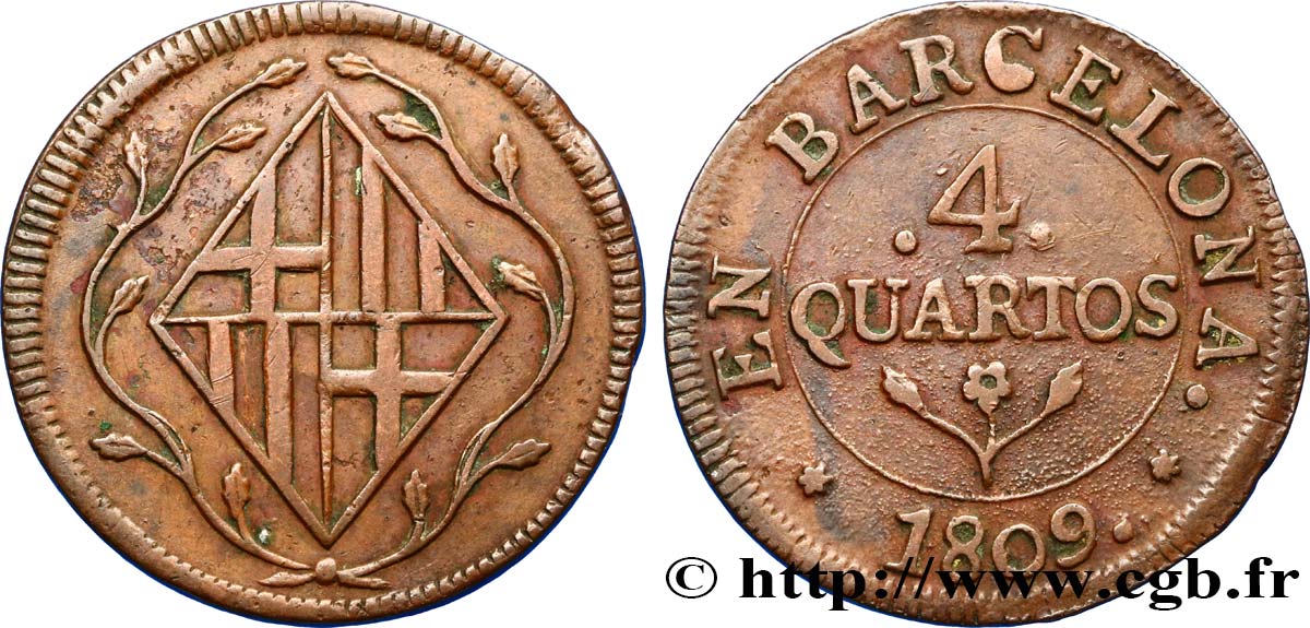 ESPAGNE - OCCUPATION FRANÇAISE DE BARCELONE 4 Quartos 1809  TTB 