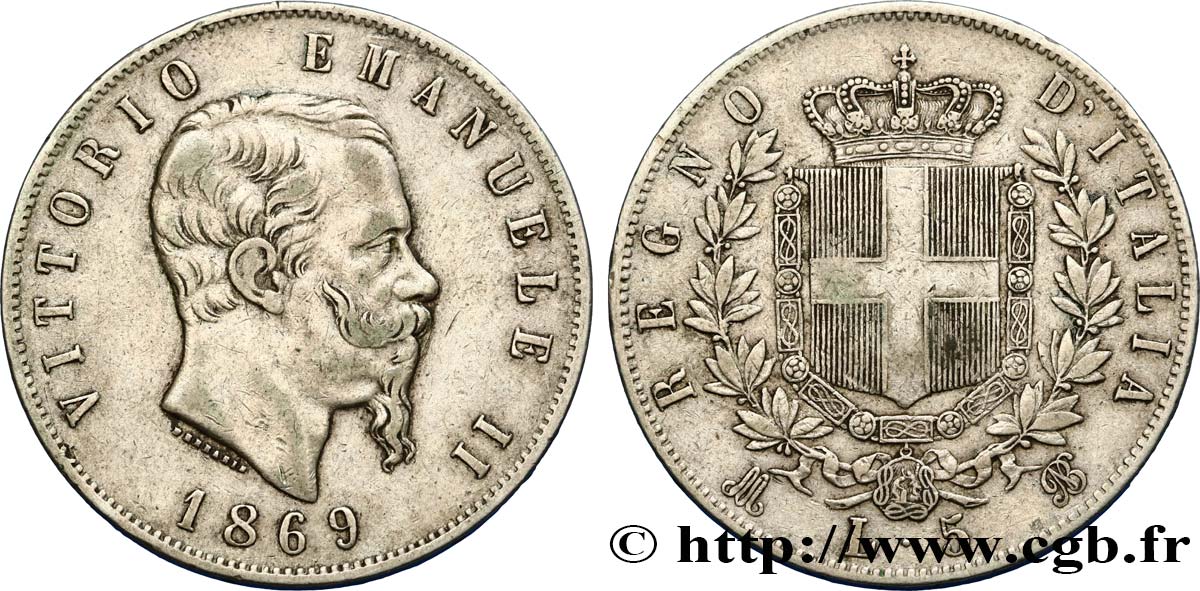 ITALIE 5 Lire Victor Emmanuel II 1869 Milan TB+ 