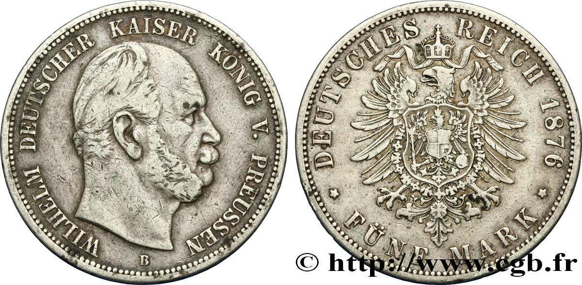 GERMANIA - PRUSSIA 5 Mark Guillaume 1876 Breslau q.BB 