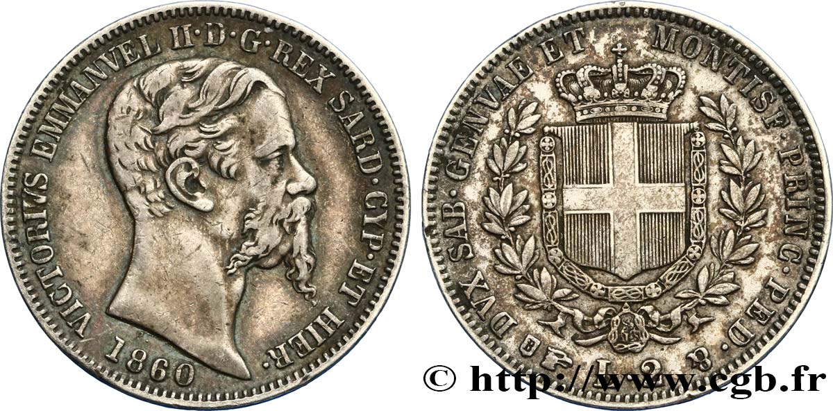 ITALIEN - SARDINIEN KÖNIGREICH - VIKTOR EMMANUEL II. 2 Lire 1860 Turin SS/fVZ 