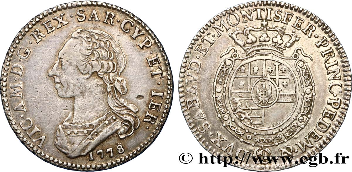 ITALY - KINGDOM OF SARDINIA - VICTOR-AMEDEE III 1/4 Scudo 1778 Turin XF/AU 