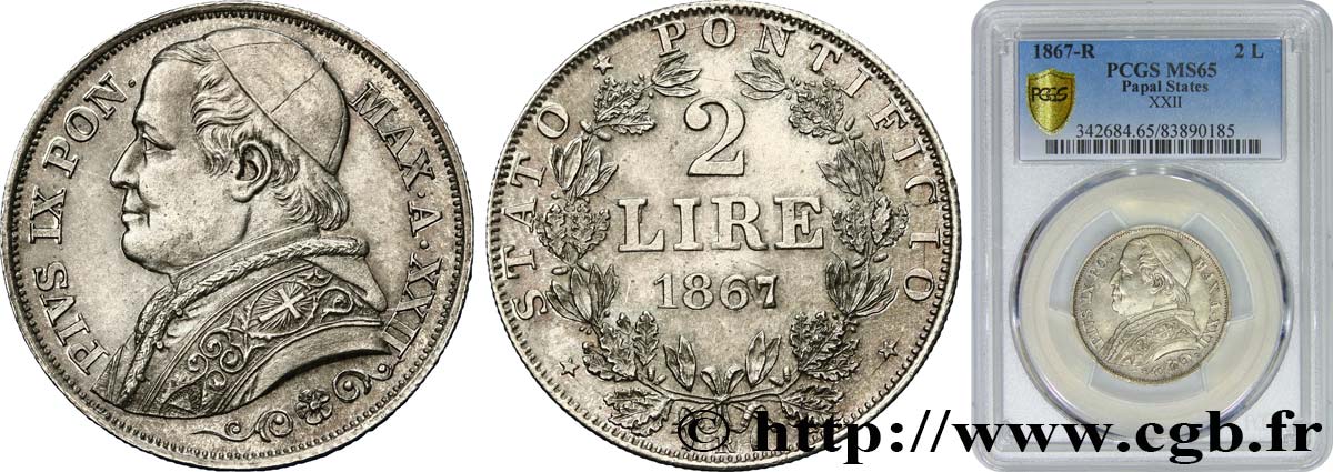 VATICAN AND PAPAL STATES 2 Lire Pie IX an XXII 1867 Rome MS65 PCGS