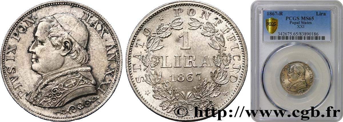 ITALY - PAPAL STATES - PIUS IX (Giovanni Maria Mastai Ferretti) 1 Lire an XXI 1867 Rome MS65 PCGS