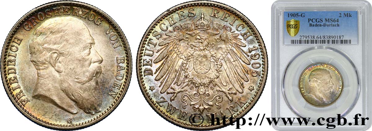 GERMANY - GRAND DUCHY OF BADEN - FREDERICK I 2 Mark  1905 Karlsruhe MS64 PCGS
