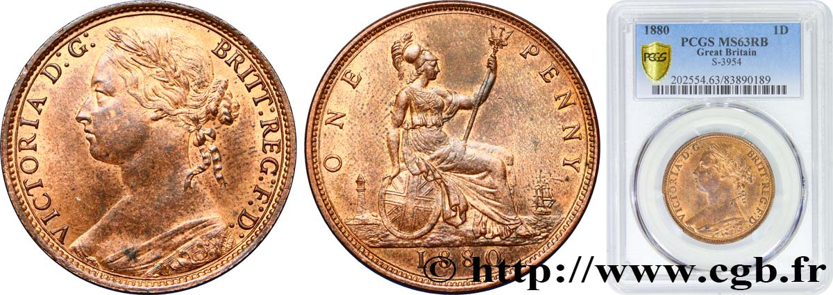GREAT BRITAIN - VICTORIA Penny Victoria “Bun Head” 1880  MS63 PCGS
