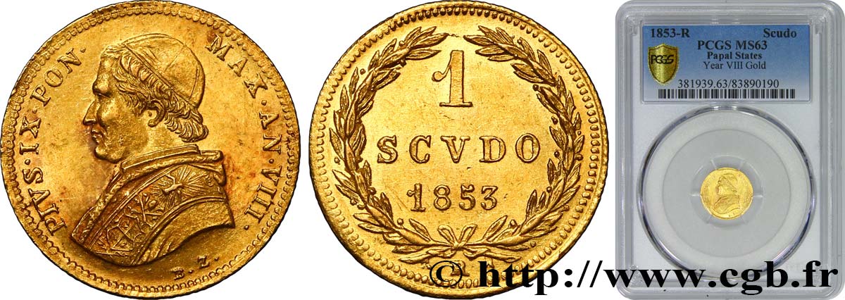 ITALY - PAPAL STATES - PIUS IX (Giovanni Maria Mastai Ferretti) 1 scudo or 1853 Rome MS63 PCGS