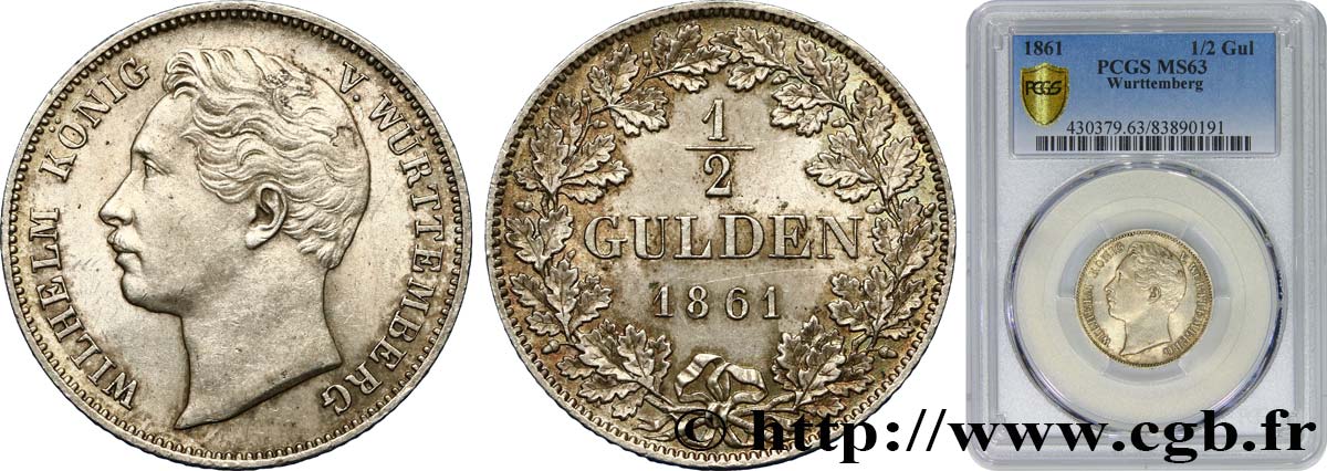 GERMANY - WÜRTTEMBERG 1/2 Gulden Guillaume 1861 Stuttgart MS63 PCGS