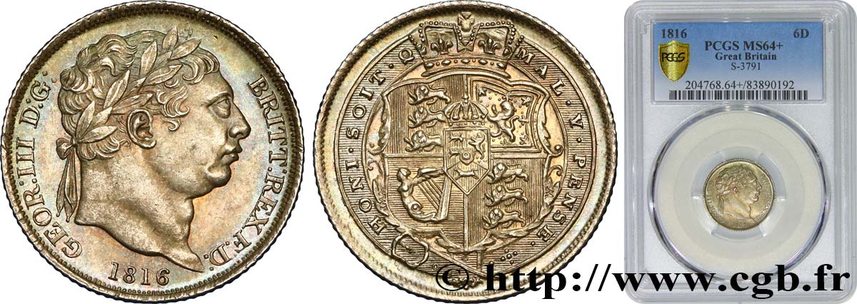 ROYAUME-UNI 6 Pence Georges III 1816 Londres SPL64 PCGS