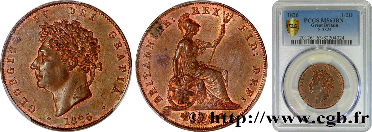 REGNO UNITO 1/2 Penny Georges IV 1826  MS63 PCGS