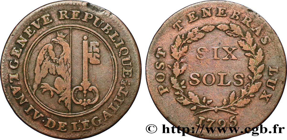 SUISSE - RÉPUBLIQUE DE GENÈVE 6 Sols Deniers République de Genève monnayage réformé de 1795-1798 1795  TB 