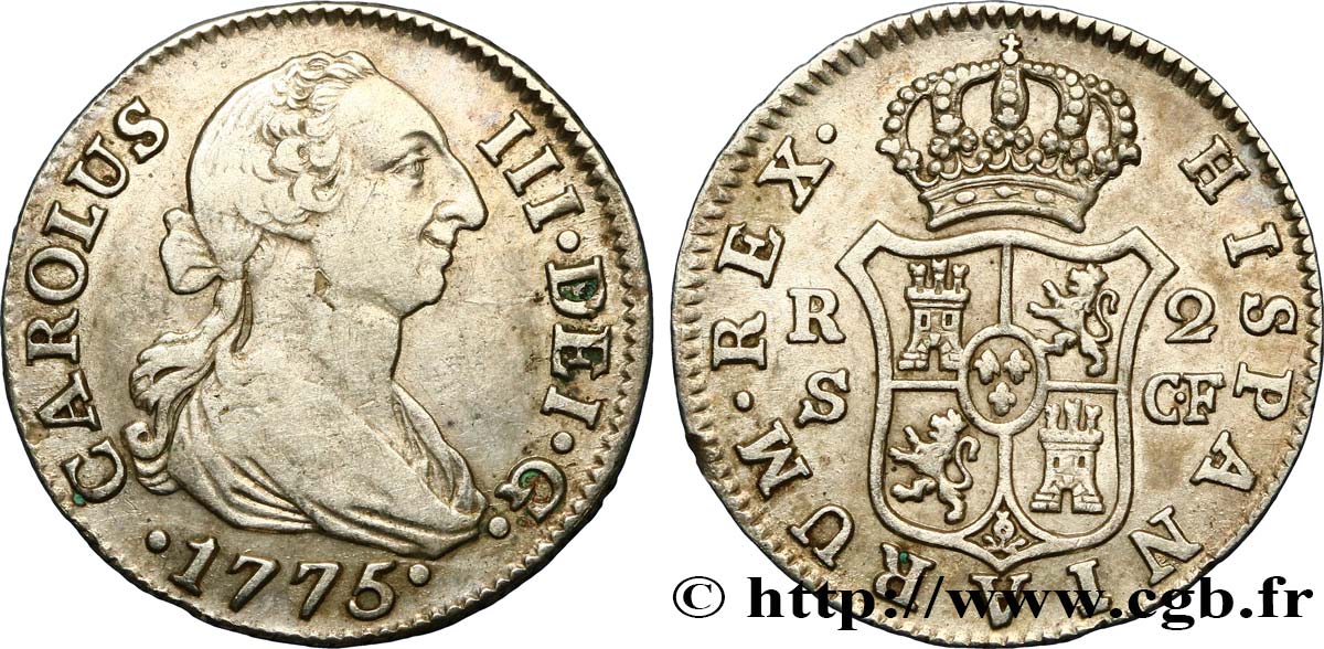 SPAIN 2 Reales Charles III 1775 Séville XF/AU 