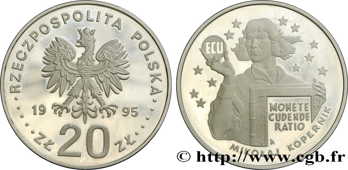 POLONIA 20 Zlotych proof Nicolas Copernic tenant l’ECU 1995 Varsovie SC 