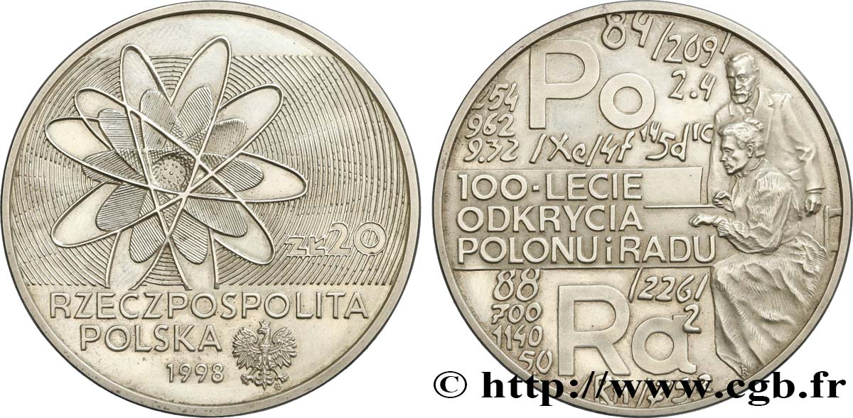POLEN 20 Zlotych 100e anniversaire de la découverte du radium et du polonium 1998 Varsovie VZ 