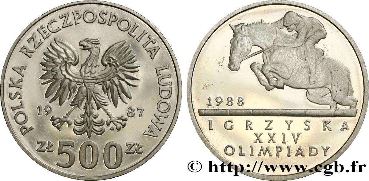 POLONIA 500 Zlotych Proof XXIVe Olympiades - équitation 1987 Varsovie MS 