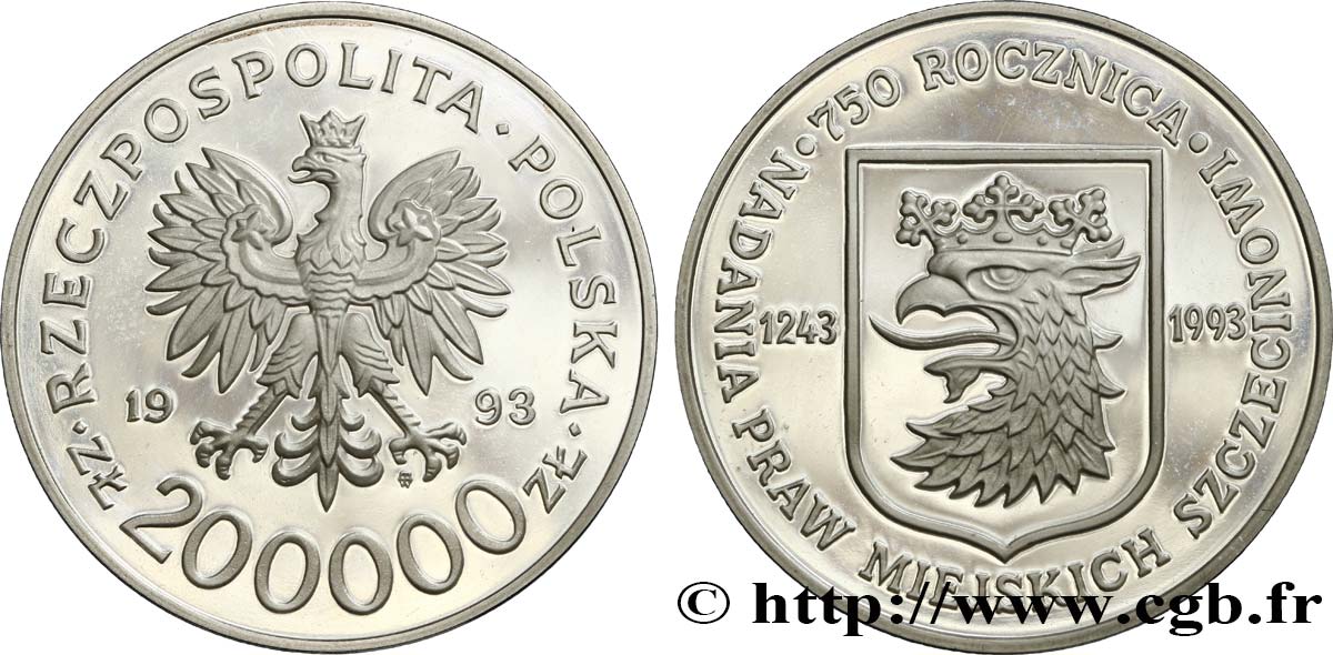POLONIA 200.000 Zlotych Proof - 750 anniversaire de la ville de Szczecin 1993 Varsovie SC 