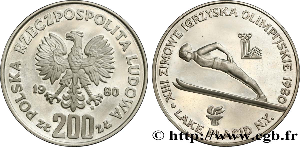 POLEN 200 Zlotych Proof XIIIe Jeux Olympiques d’hiver de Lake Placid 1980 Varsovie fST 