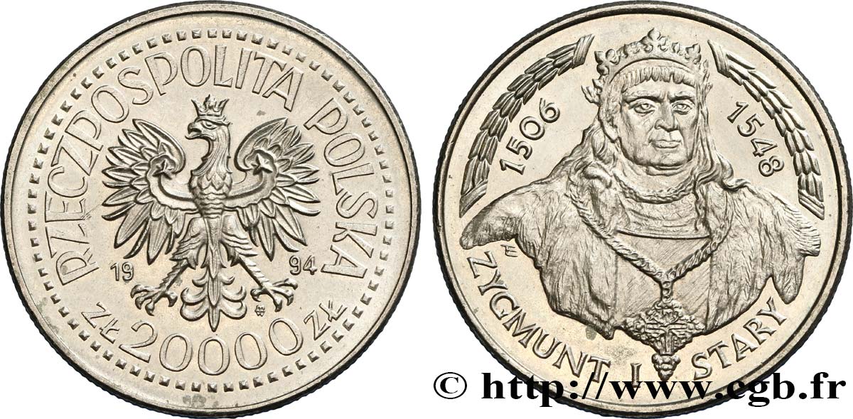 POLAND 20.000 Zlotych Sigismond (Zygmunt) Ier 1994 Varsovie MS 