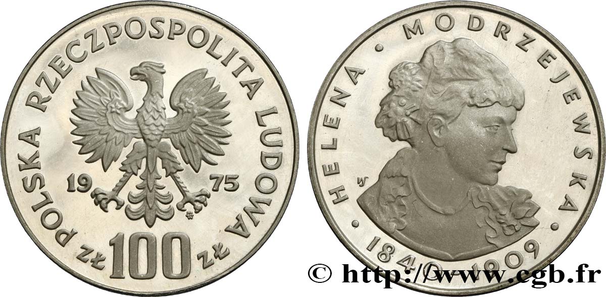 POLONIA 100 Zlotych Proof Helena Modrzejewska 1975 Varsovie MS 