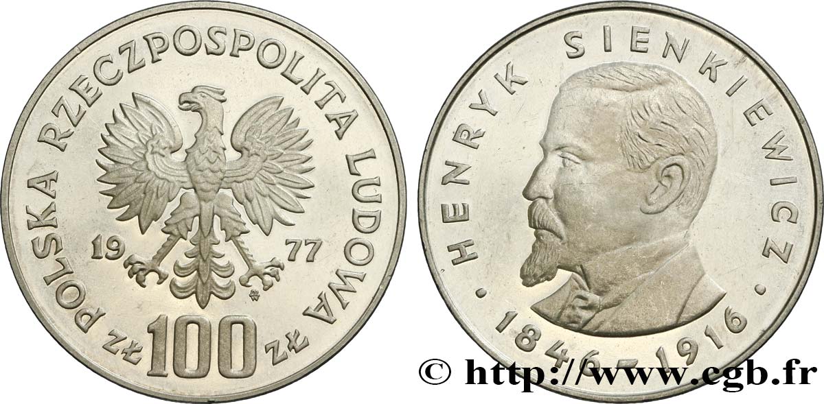 POLONIA 100 Zlotych Proof Henryk Sienkiewicz 1977 Varsovie MS 