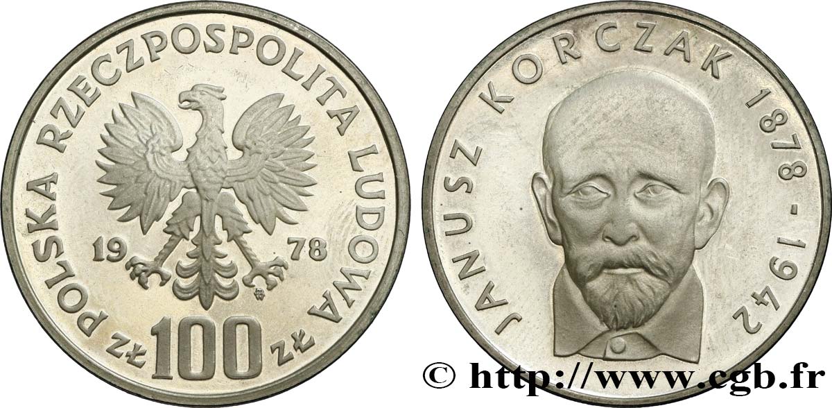 POLONIA 100 Zlotych Proof Janusz Korczak 1978 Varsovie MS 