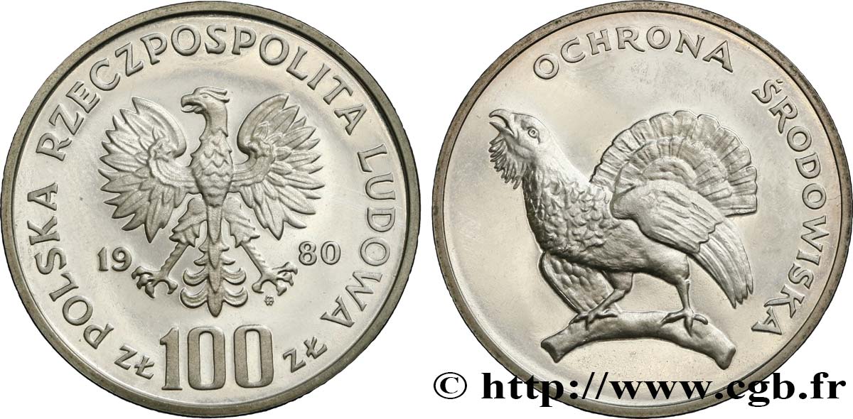 POLONIA 100 Zlotych Proof coq de bruyère 1980 Varsovie MS 