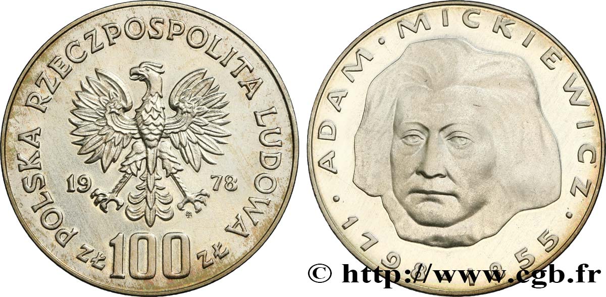 POLONIA 100 Zlotych Proof Adam Mickiewicz 1978 Varsovie SC 