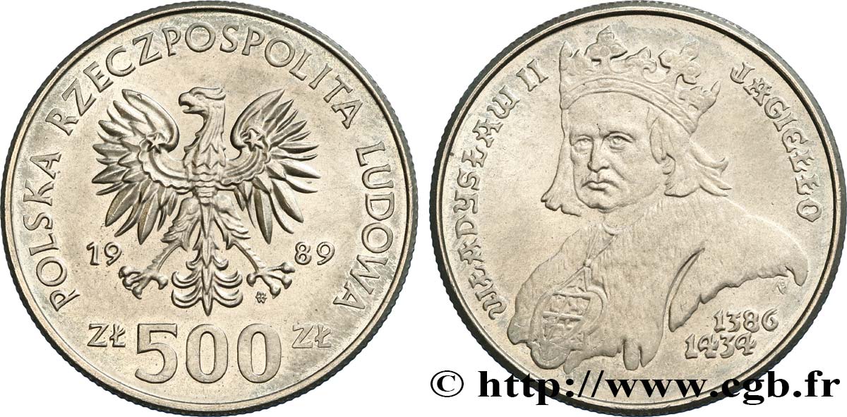 POLONIA 500 Zlotych Ladislas II Jagellon 1989 Varsovie EBC 