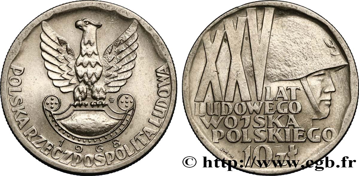 POLONIA 10 Zlotych aigle / 25e anniversaire de la fondation de l’armée populaire 1968 Varsovie MS 