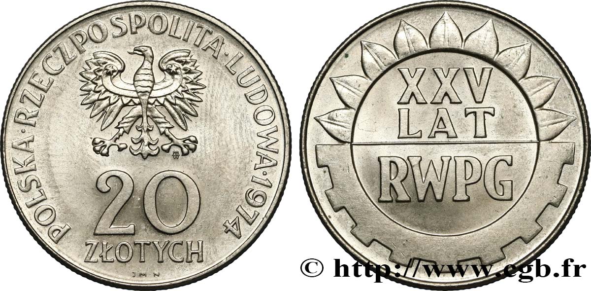 POLONIA 20 Zlotych aigle / 25e anniversaire du Comecon 1974 Varsovie MS 