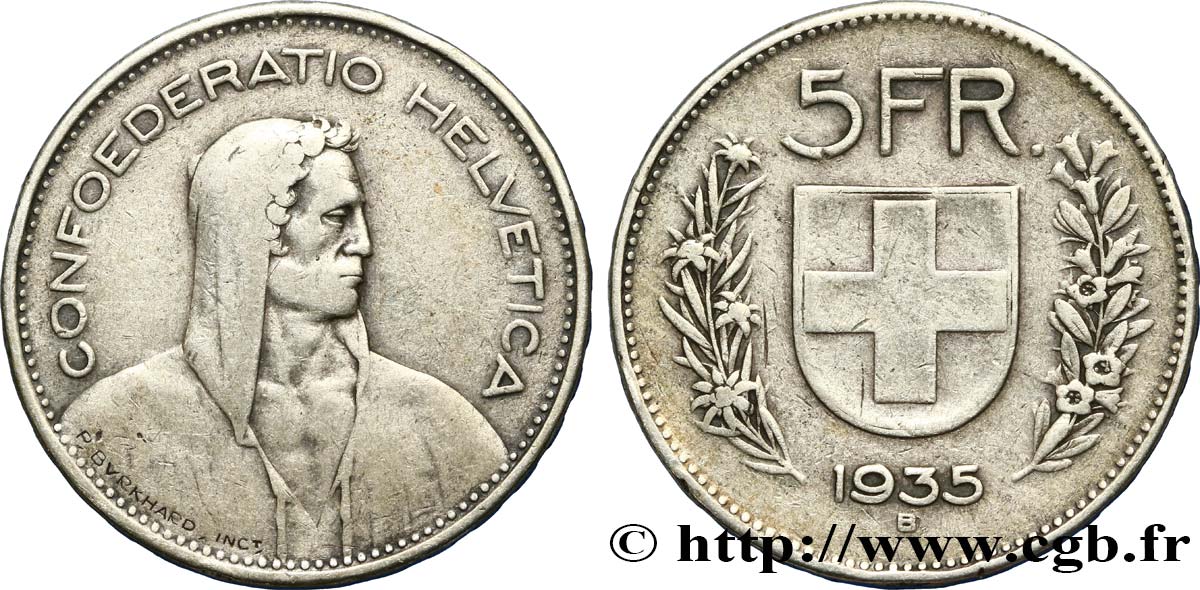 SVIZZERA  5 Francs Berger des Alpes 1935 Berne q.BB 