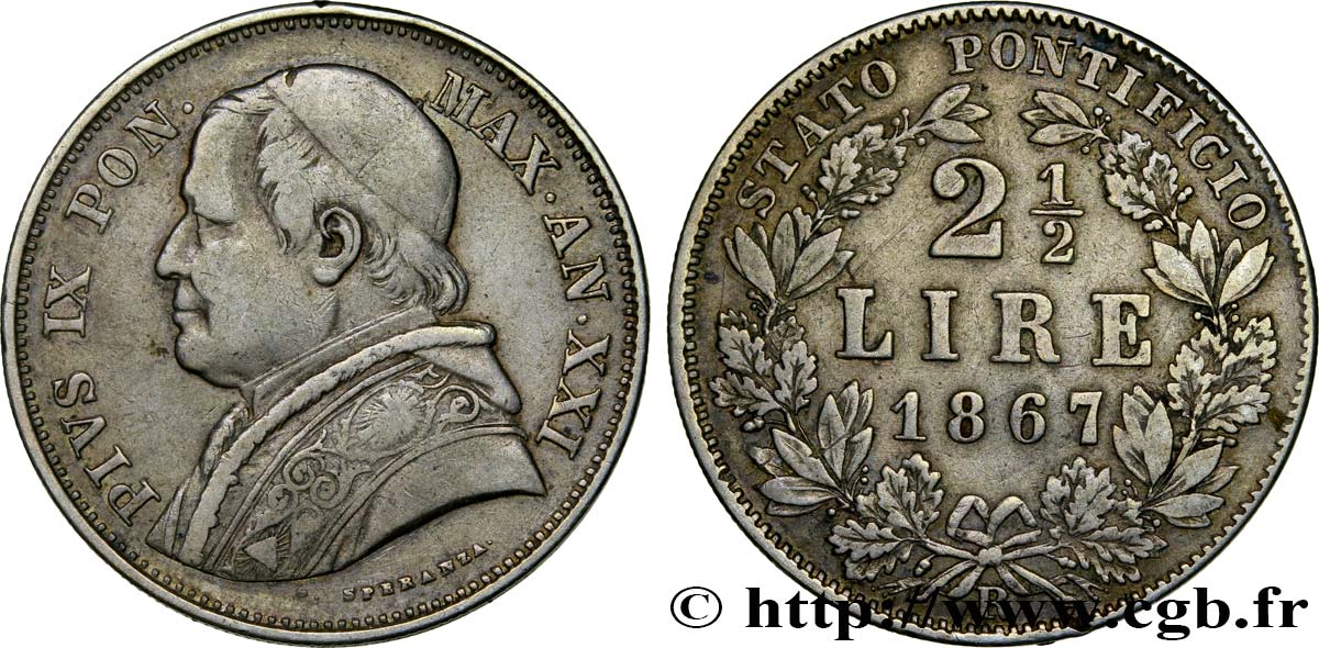 VATICAN AND PAPAL STATES 2 1/2 Lire Pie IX an XXI 1867 Rome XF 