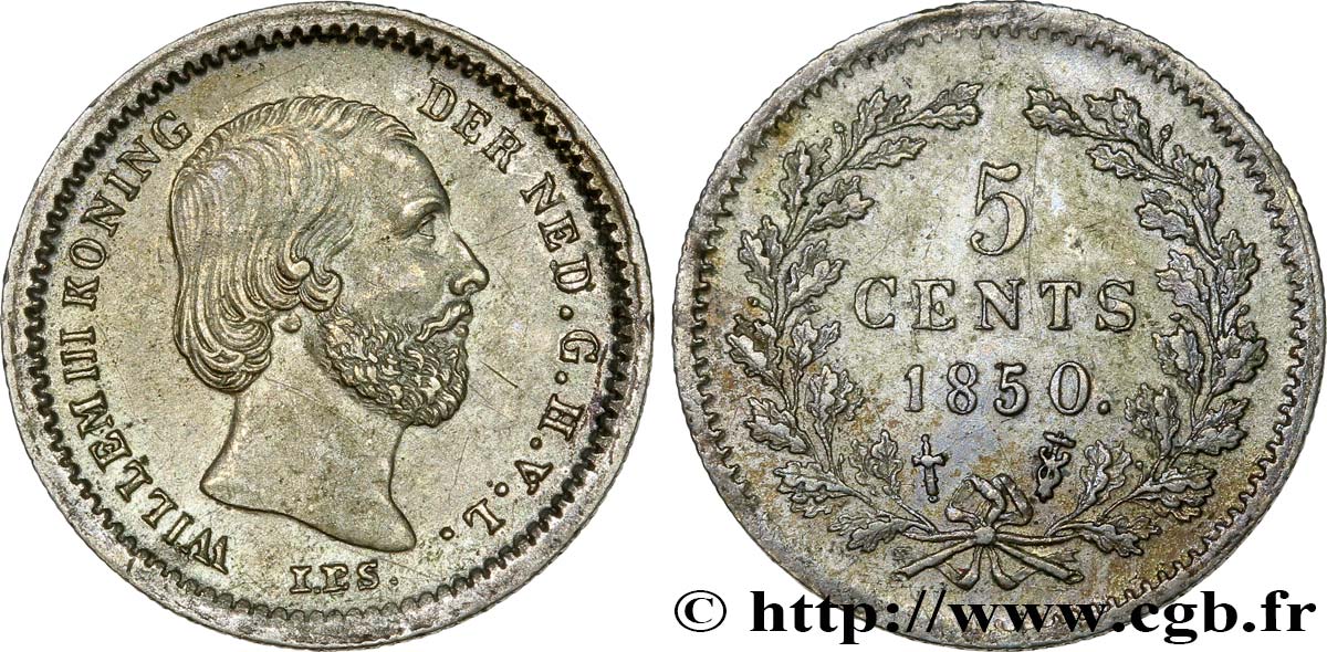 PAYS-BAS 5 Cents Guillaume III 1850 Utrecht SUP/TTB+ 
