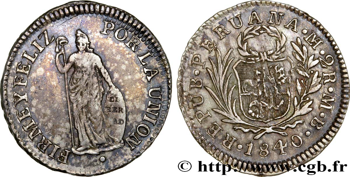 PERU 2 Reales 1840 Lima AU/XF 