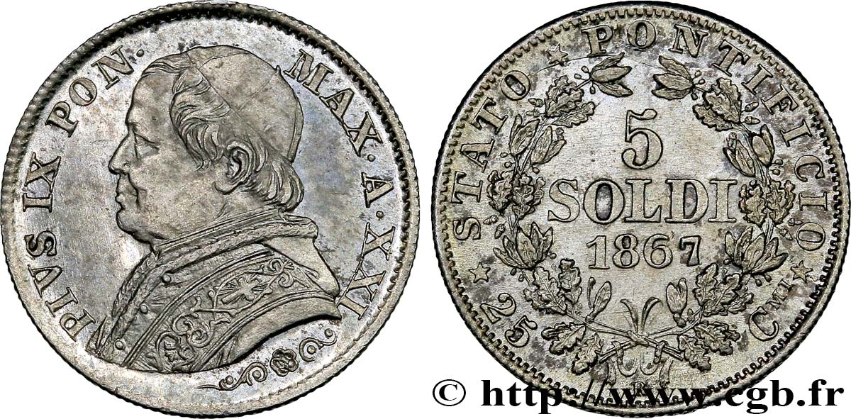 VATICAN - PIUS IX (Giovanni Maria Mastai Ferretti) 5 Soldi an XXI 1867 Rome MS 
