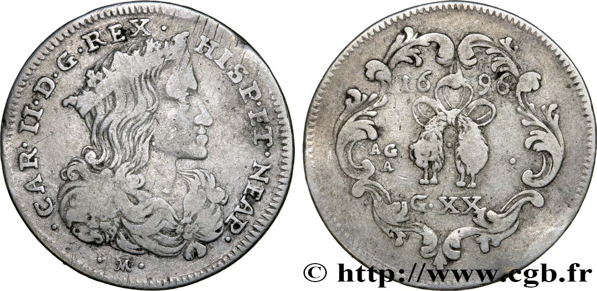 ITALY - KINGDOM OF NAPLES 1 Tari Charles II 1696 Naples VF 