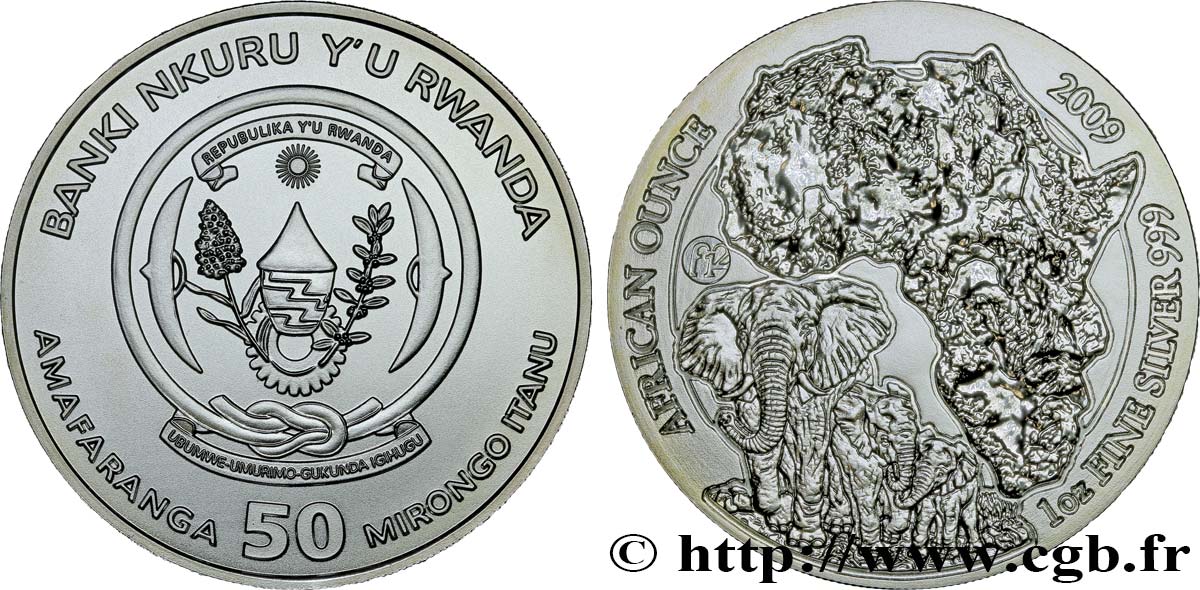 RUANDA 50 Francs (1 once) 2009  SC 