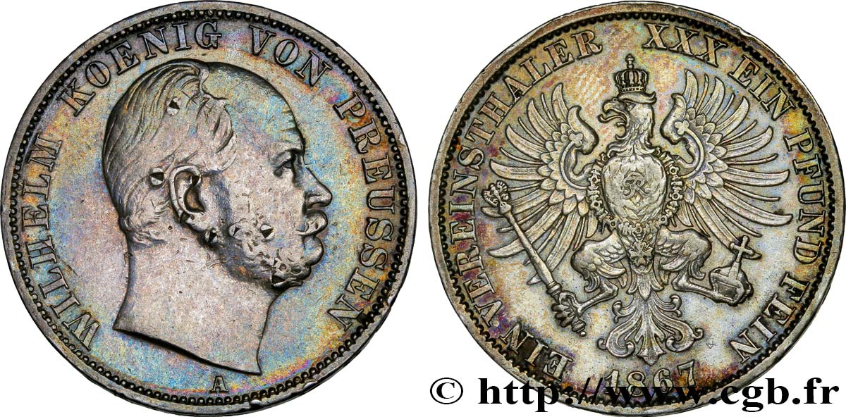 GERMANY - PRUSSIA 1 Thaler Guillaume 1867 Berlin XF 