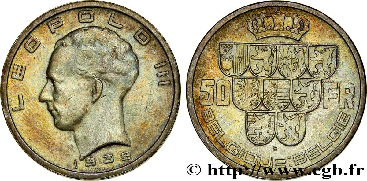 BELGIUM 50 Francs Léopold III légende Belgique-Belgie tranche position B 1939  AU 