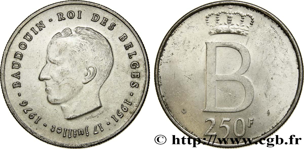 BELGIQUE 250 Francs jubilé d’argent du roi Baudouin légende française 1976 Bruxelles SUP 